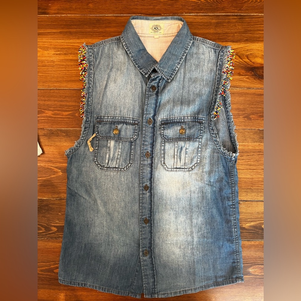Artisan De Luxe Denim Sleeveless Shirt with Hand Beaded Sleeve Embellishments XS